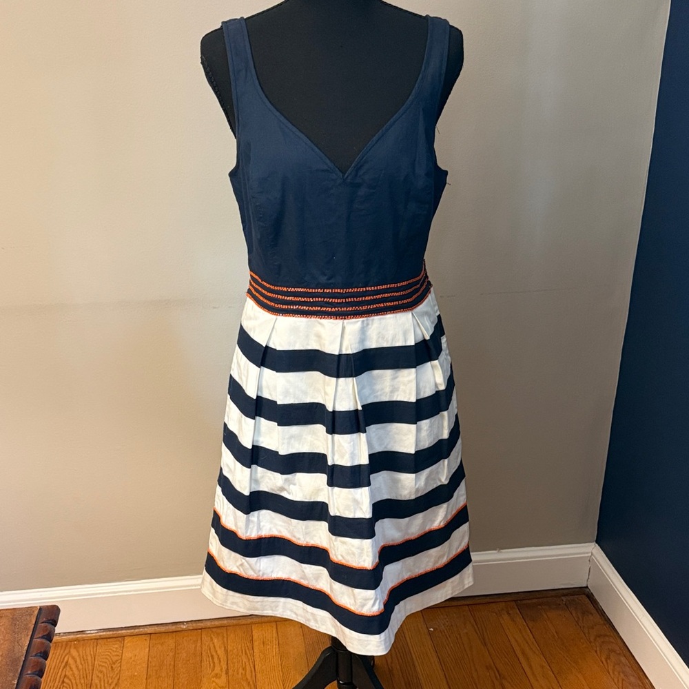 Leifnotes Anthropologie Navy Striped Cotton Dress  8 Embellished Waist Nautical